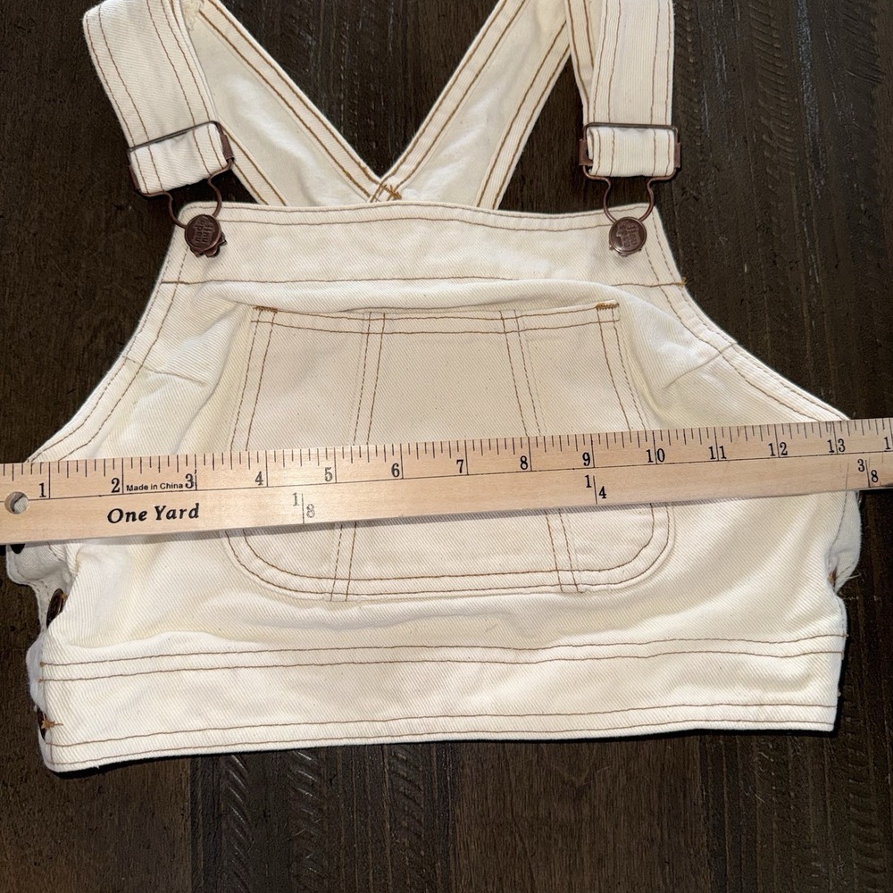 VINTAGE 90s NADA NUFF Cream Denim Overall Bib Crop Top Vest Small Festival✅ Des - Picture 4 of 9